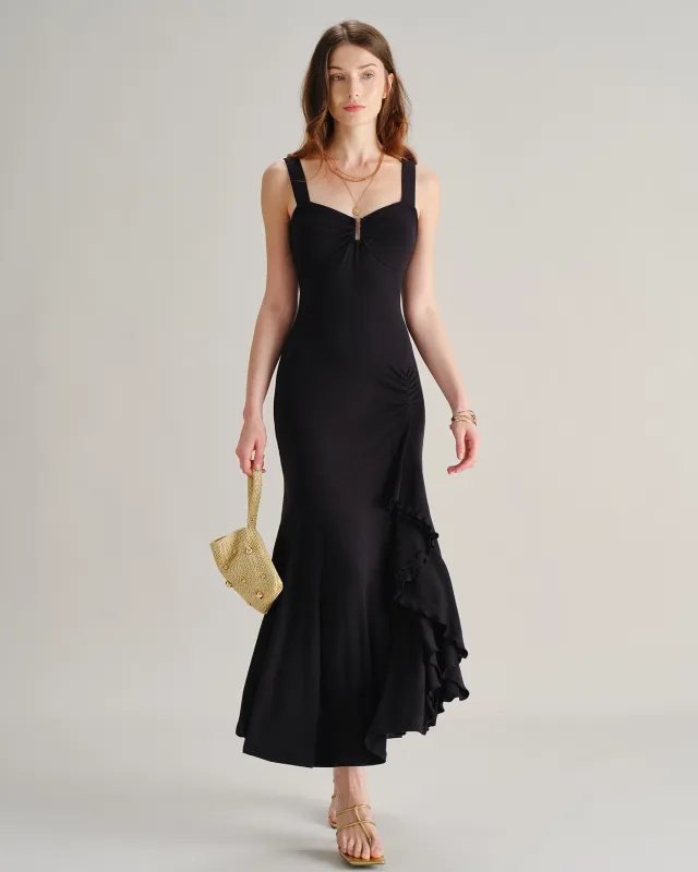 Black Sweetheart Neck Slit Ruffle Maxi Dress made by rihoas
