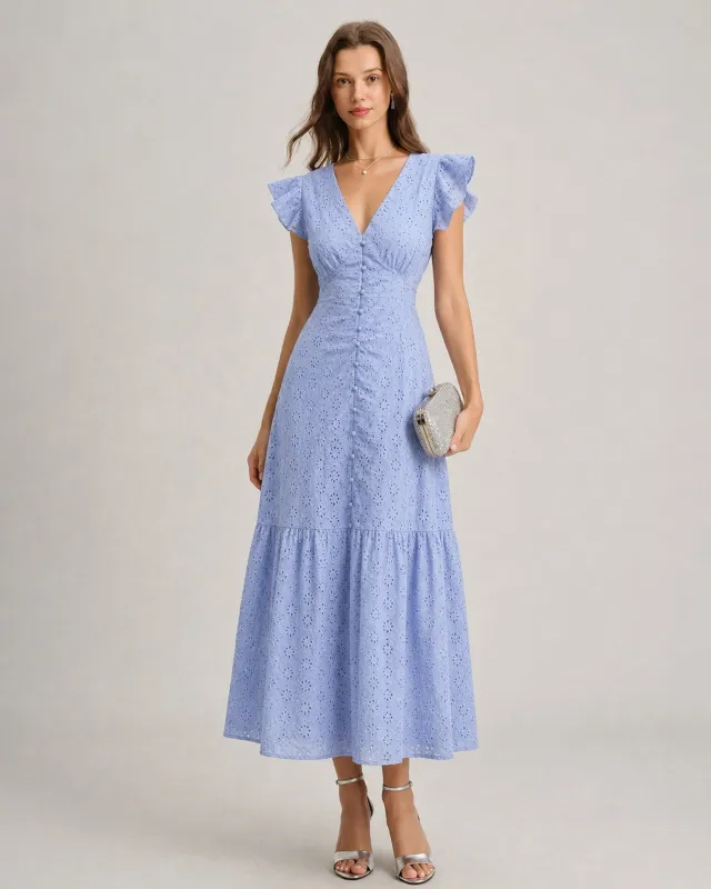 Blue V Neck Textured Button Maxi Dress made by rihoas