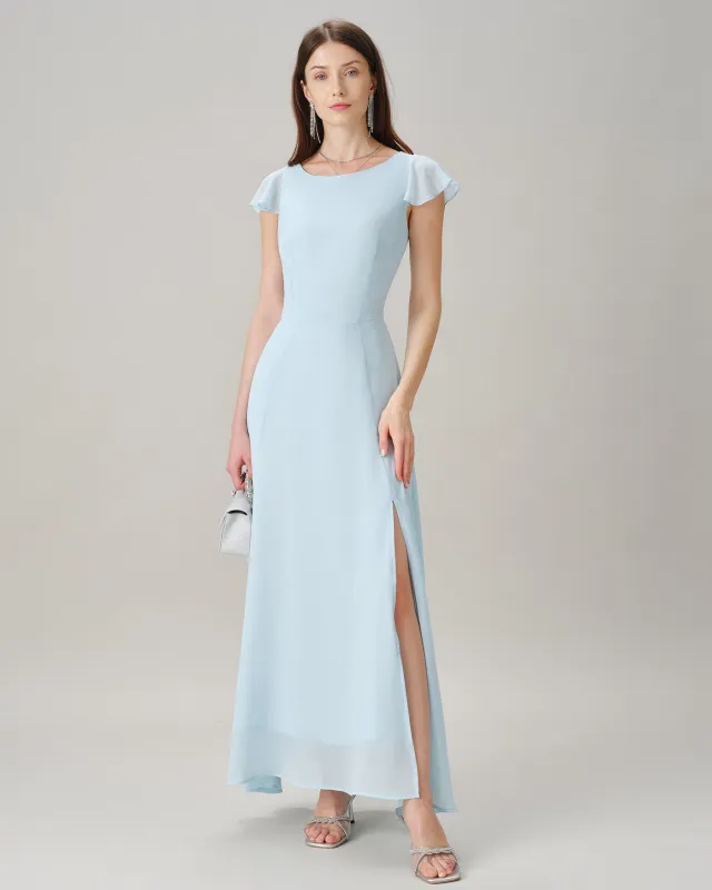 Blue Boat Neck Slit Chiffon Maxi Dress made by rihoas