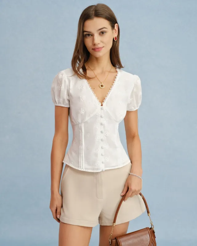 White V Neck Puffed Sleeve Button Tee made by rihoas