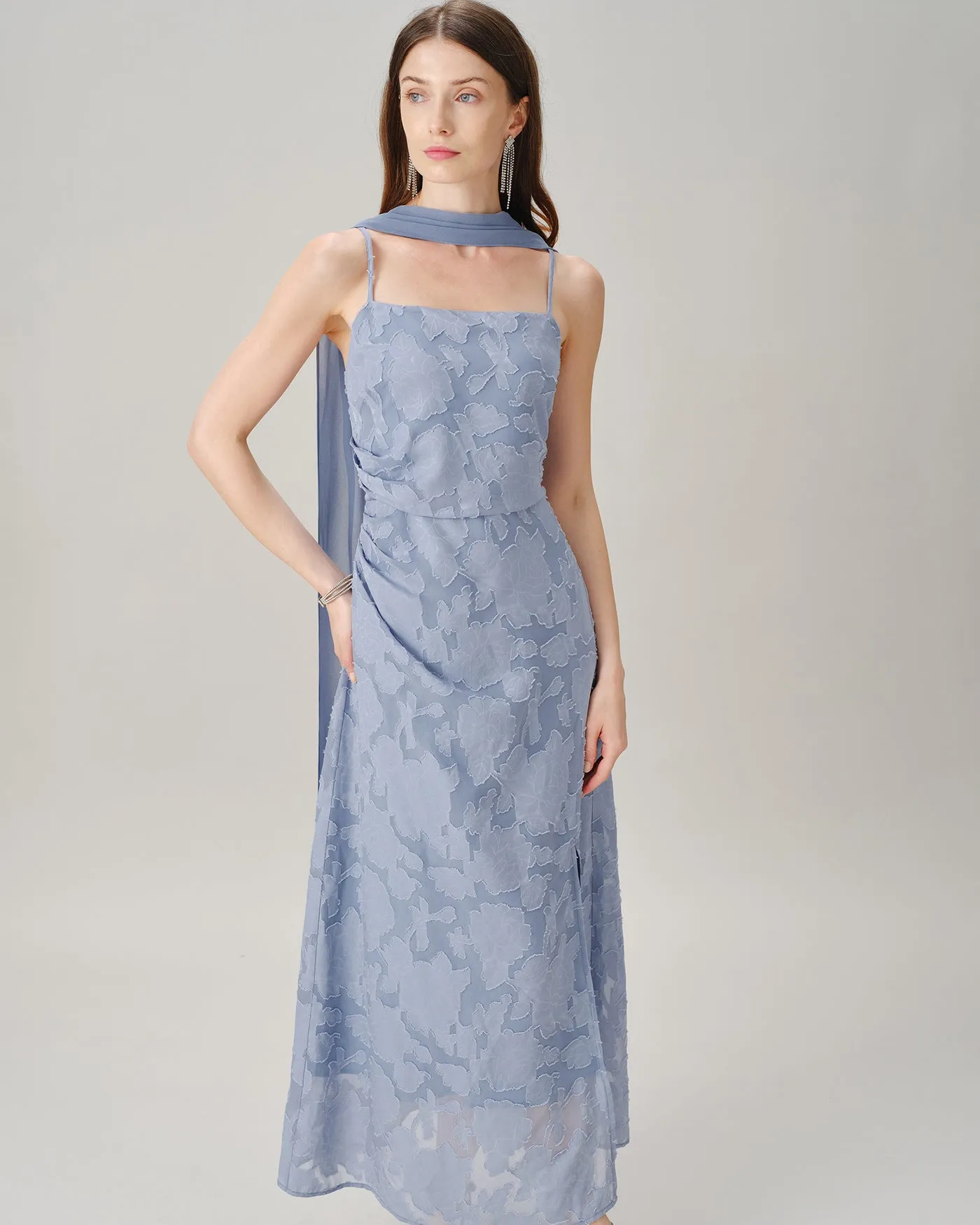 Blue Square Neck Jacquard Slit Maxi Dress sold by rihoas product image thumbnail 3