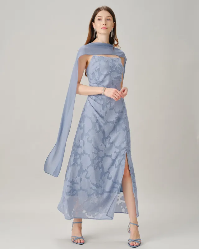 Blue Square Neck Jacquard Slit Maxi Dress made by rihoas