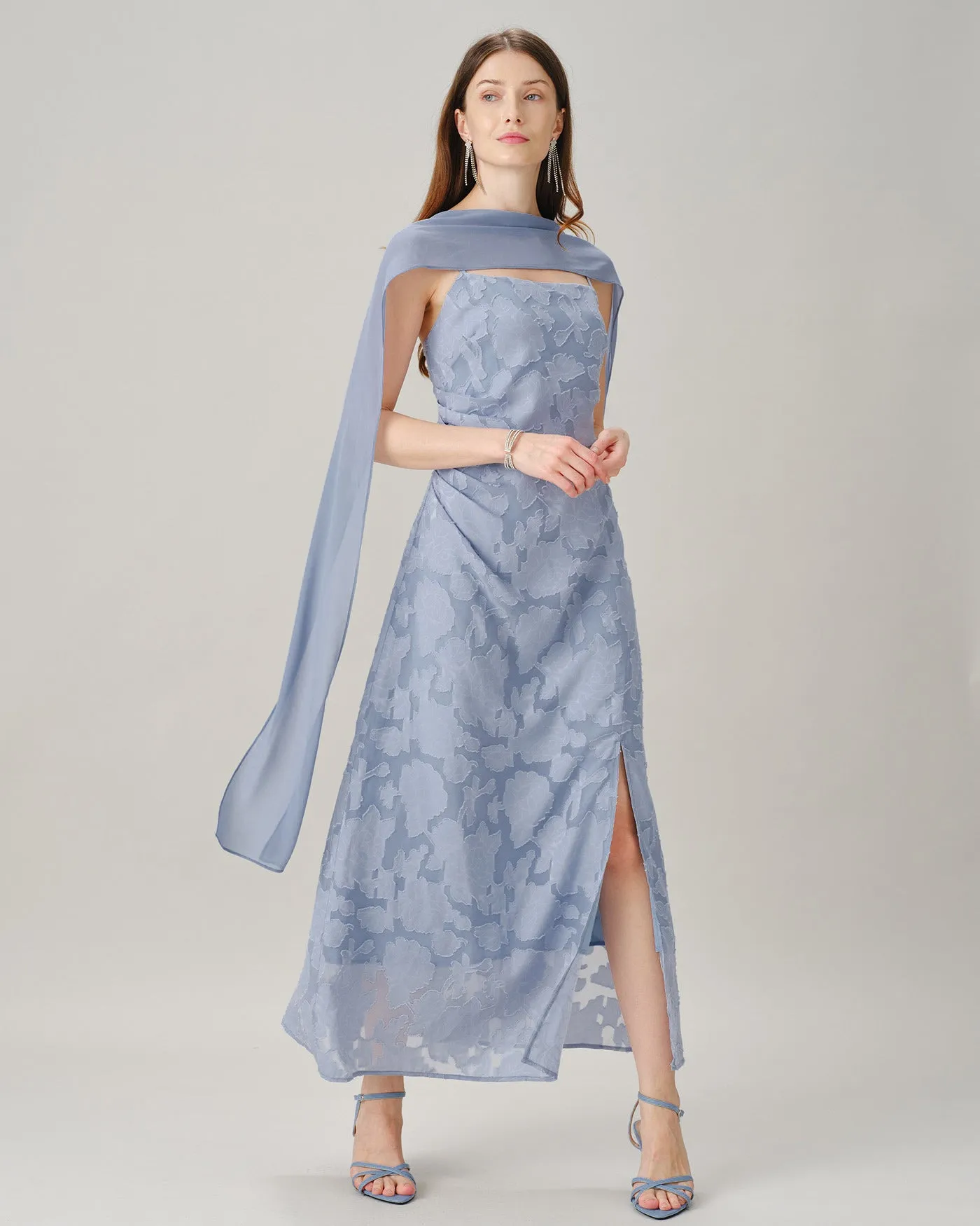 Blue Square Neck Jacquard Slit Maxi Dress sold by rihoas