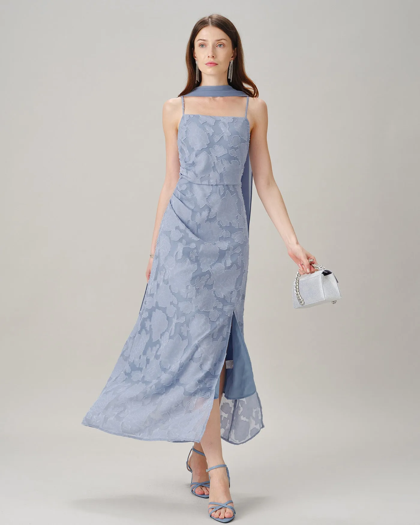 Blue Square Neck Jacquard Slit Maxi Dress sold by rihoas product image thumbnail 4