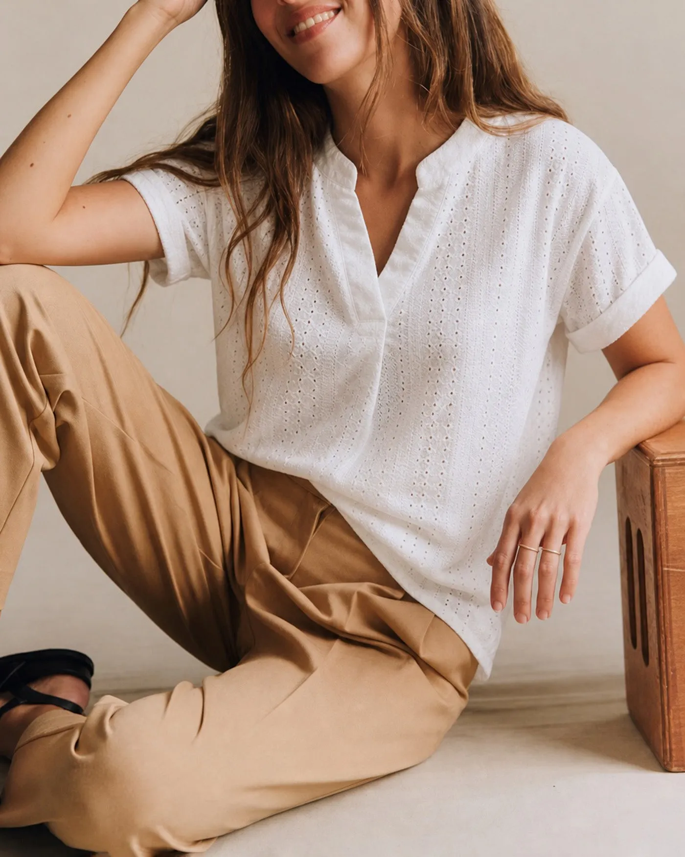 White V Neck Textured Cut Out Tee sold by rihoas product image thumbnail 2