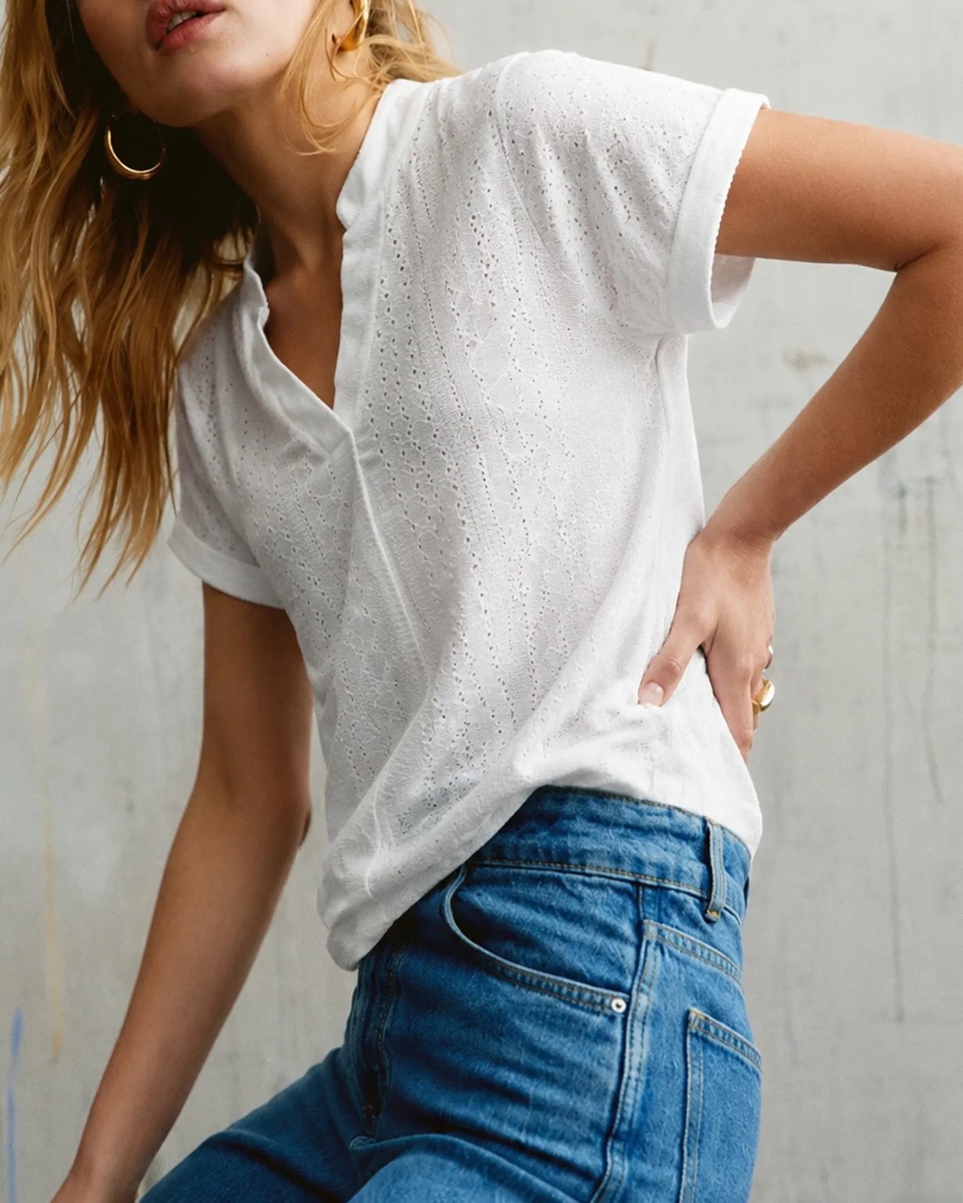 White V Neck Textured Cut Out Tee sold by rihoas product image thumbnail 4