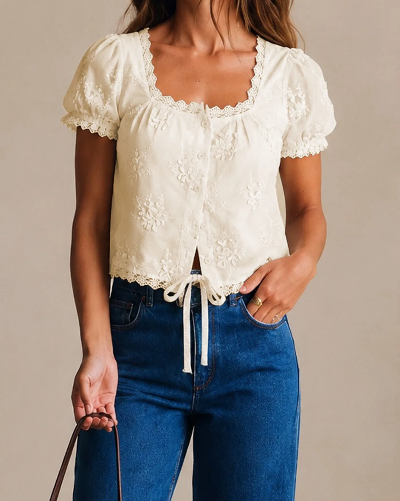 Apricot Square Neck Lace Floral Tee sold by rihoas product image thumbnail 2