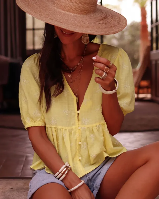 Yellow V Neck Puffed Sleeve Floral Tee made by rihoas