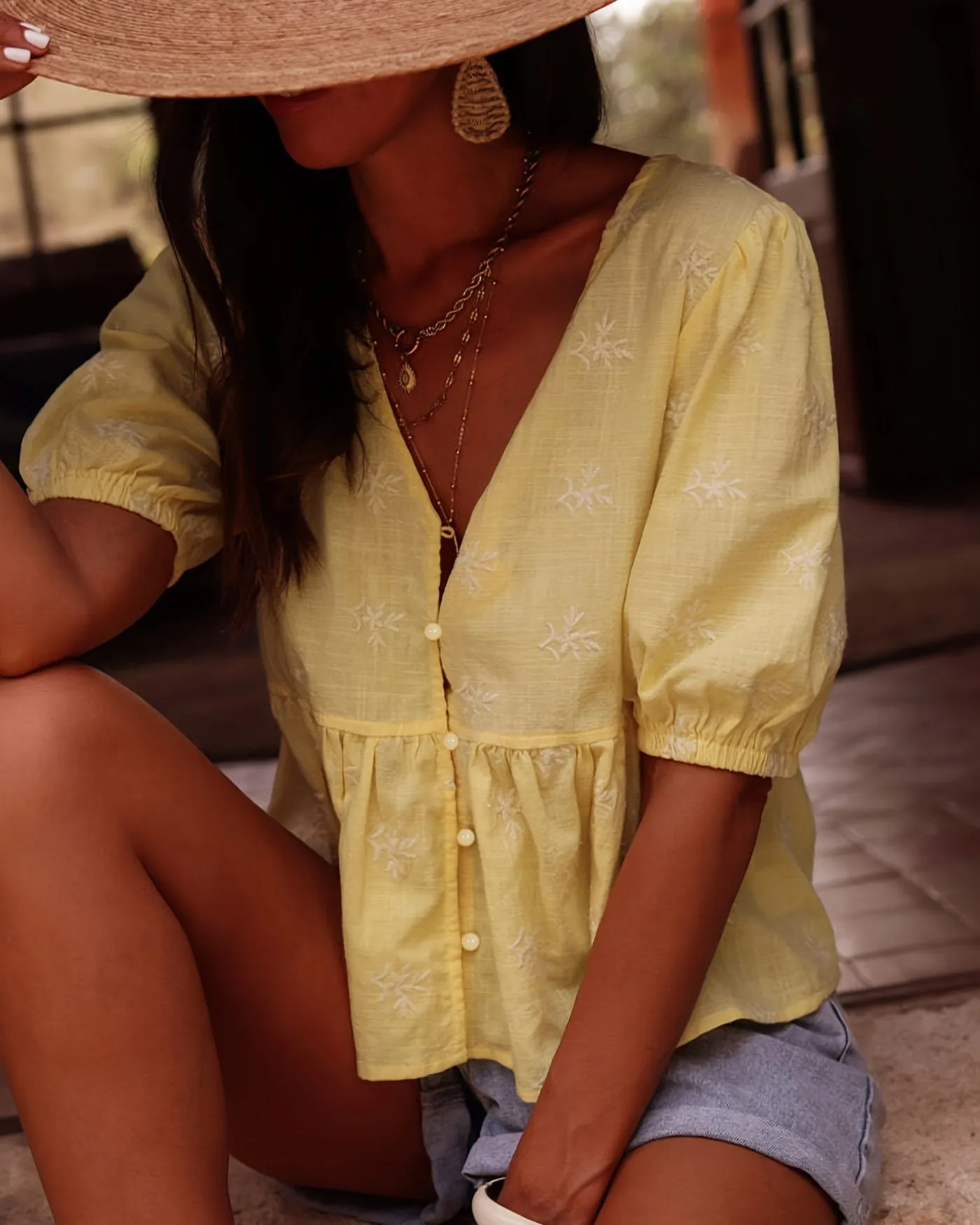 Yellow V Neck Puffed Sleeve Floral Tee sold by rihoas product image thumbnail 3