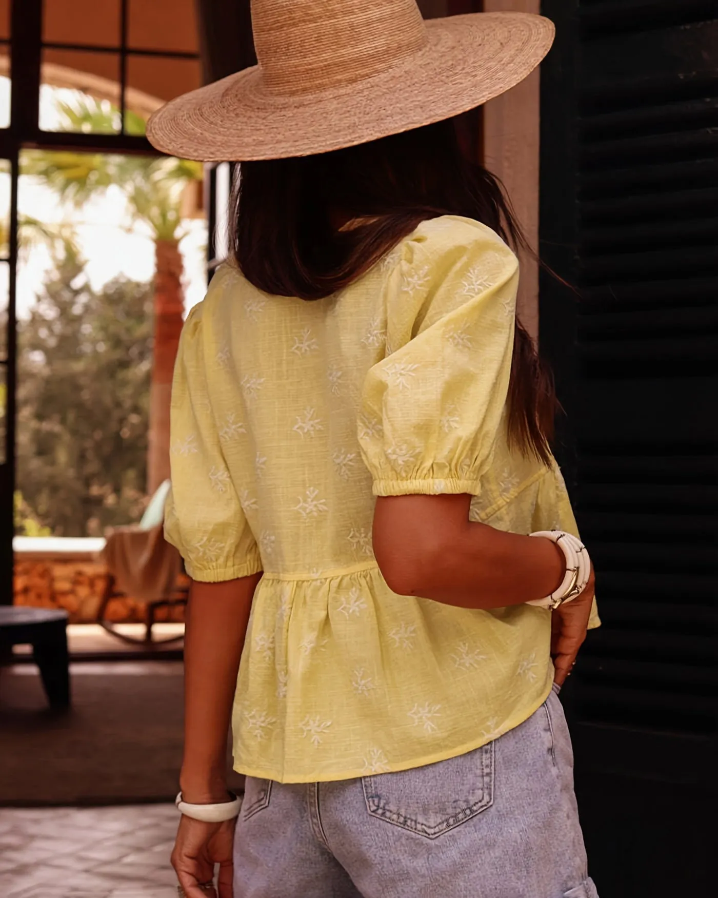 Yellow V Neck Puffed Sleeve Floral Tee sold by rihoas product image thumbnail 5