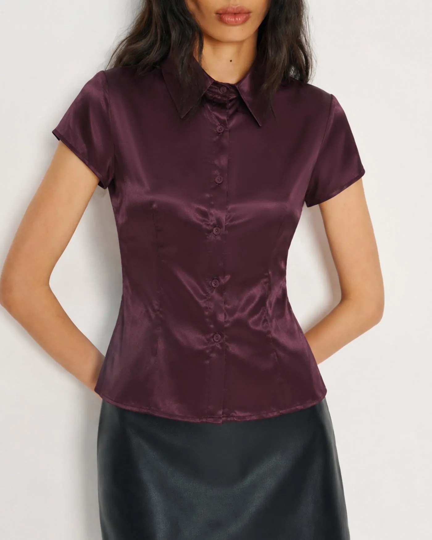 Wine Red Collar Short Sleeve Button Shirt sold by rihoas