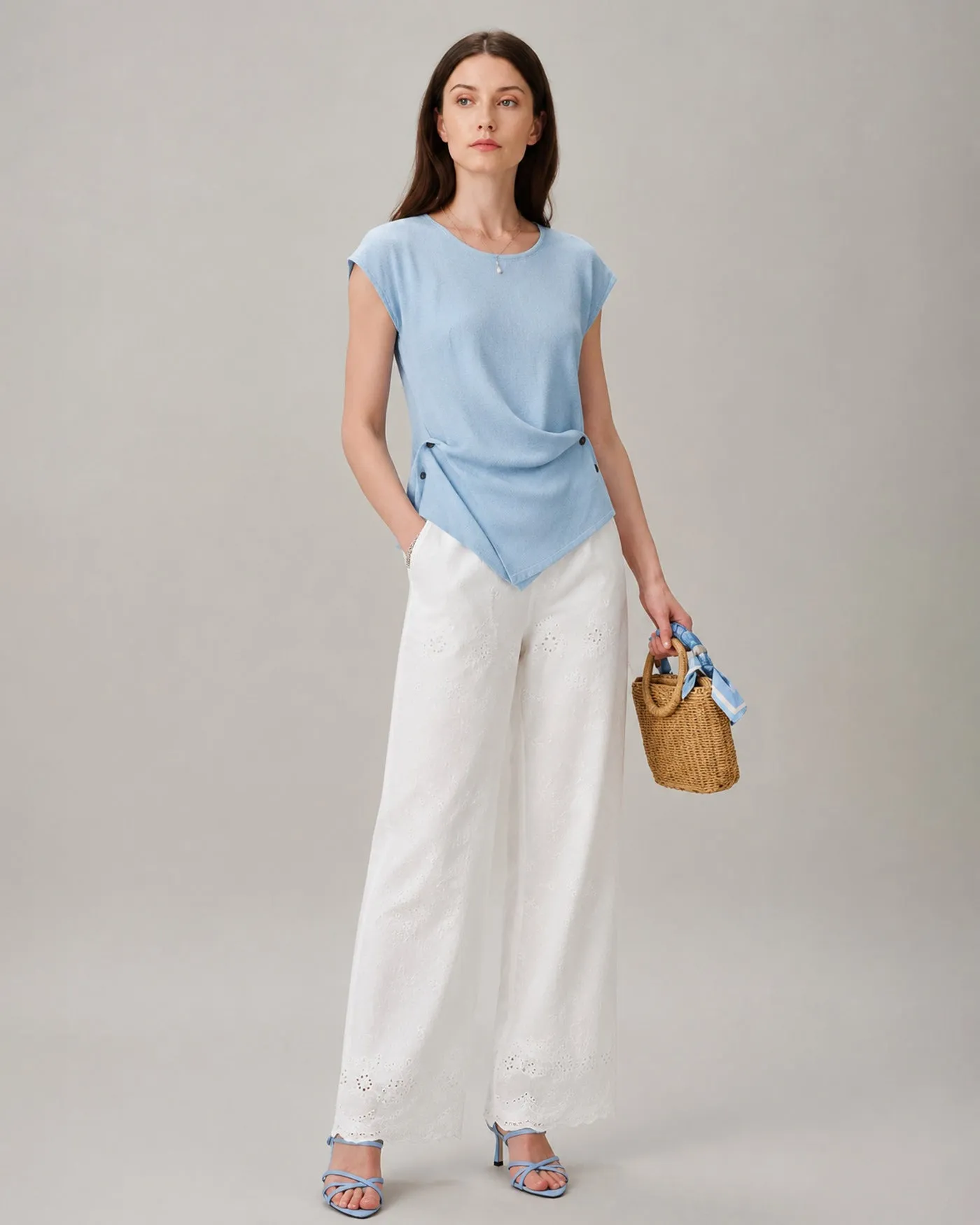 Blue Drop Shoulder Button Knit Sweater sold by rihoas product image thumbnail 3