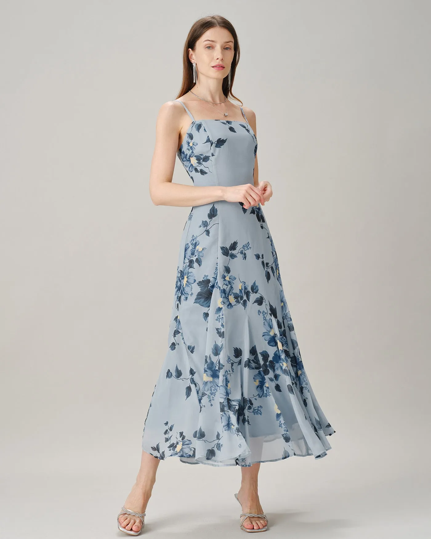 Blue Sleeveless Floral Chiffon Maxi Dress sold by rihoas product image thumbnail 3
