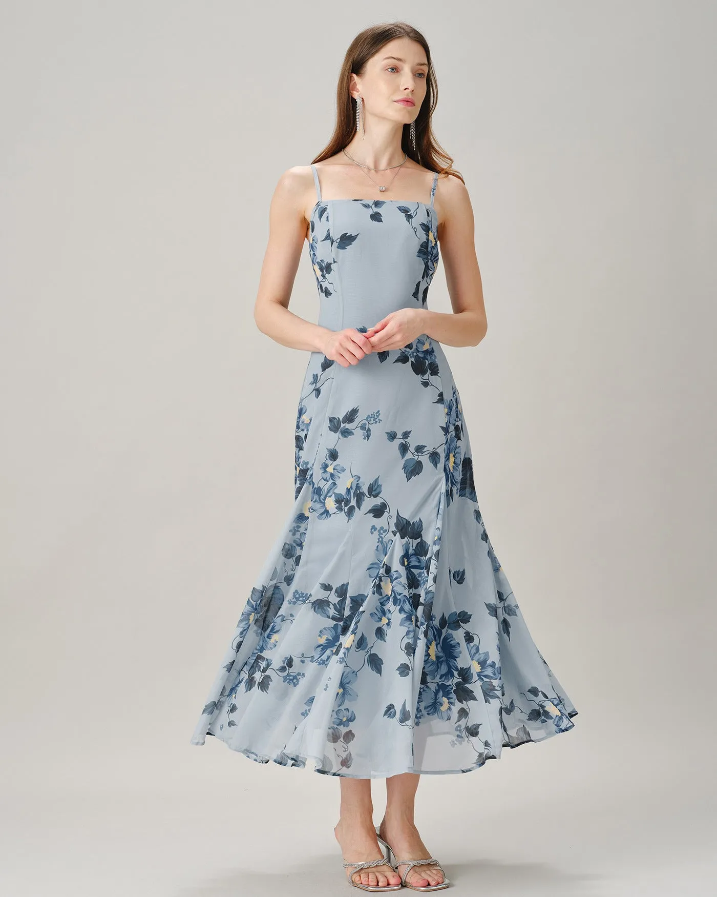 Blue Sleeveless Floral Chiffon Maxi Dress sold by rihoas product image thumbnail 5