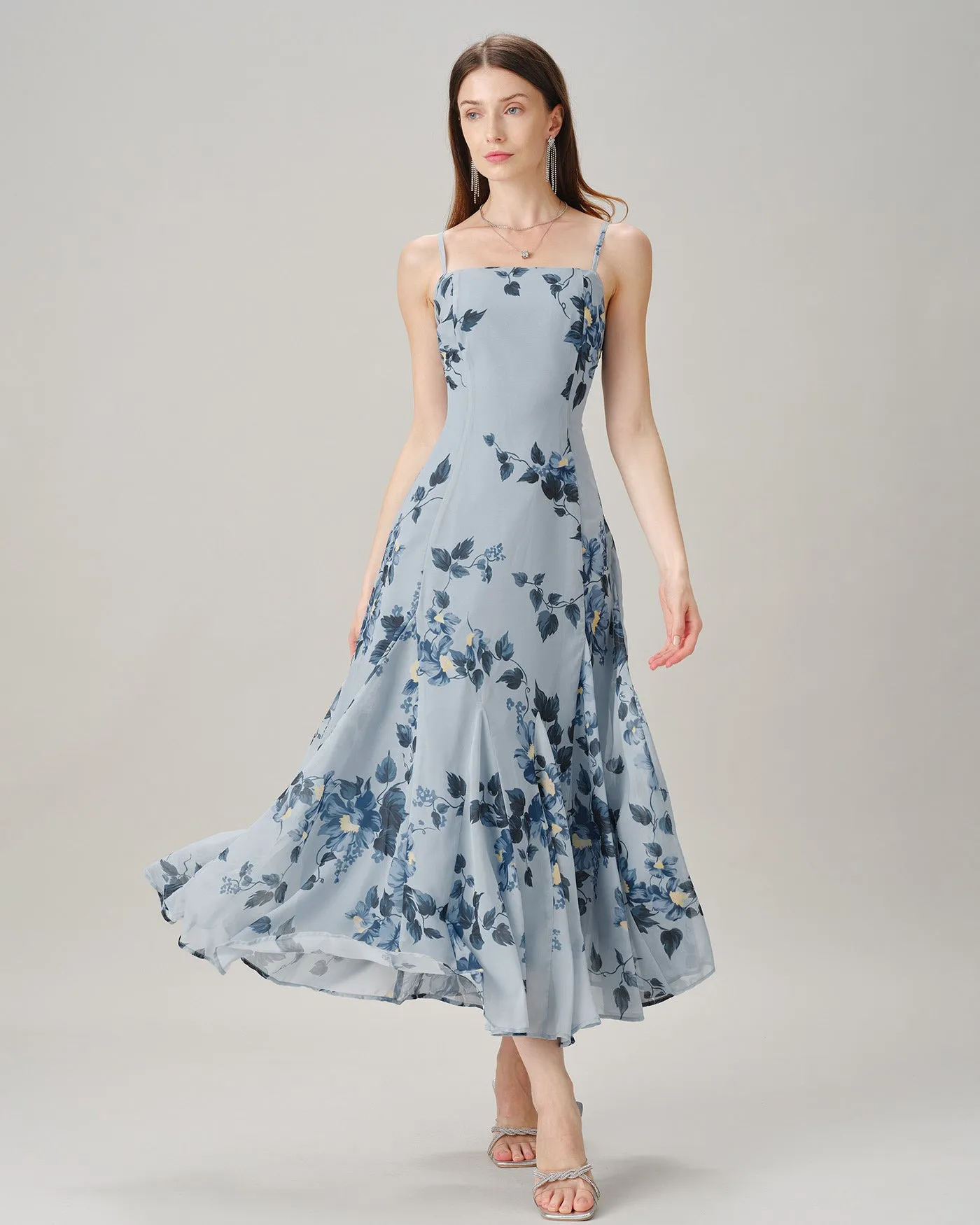 Blue Sleeveless Floral Chiffon Maxi Dress sold by rihoas