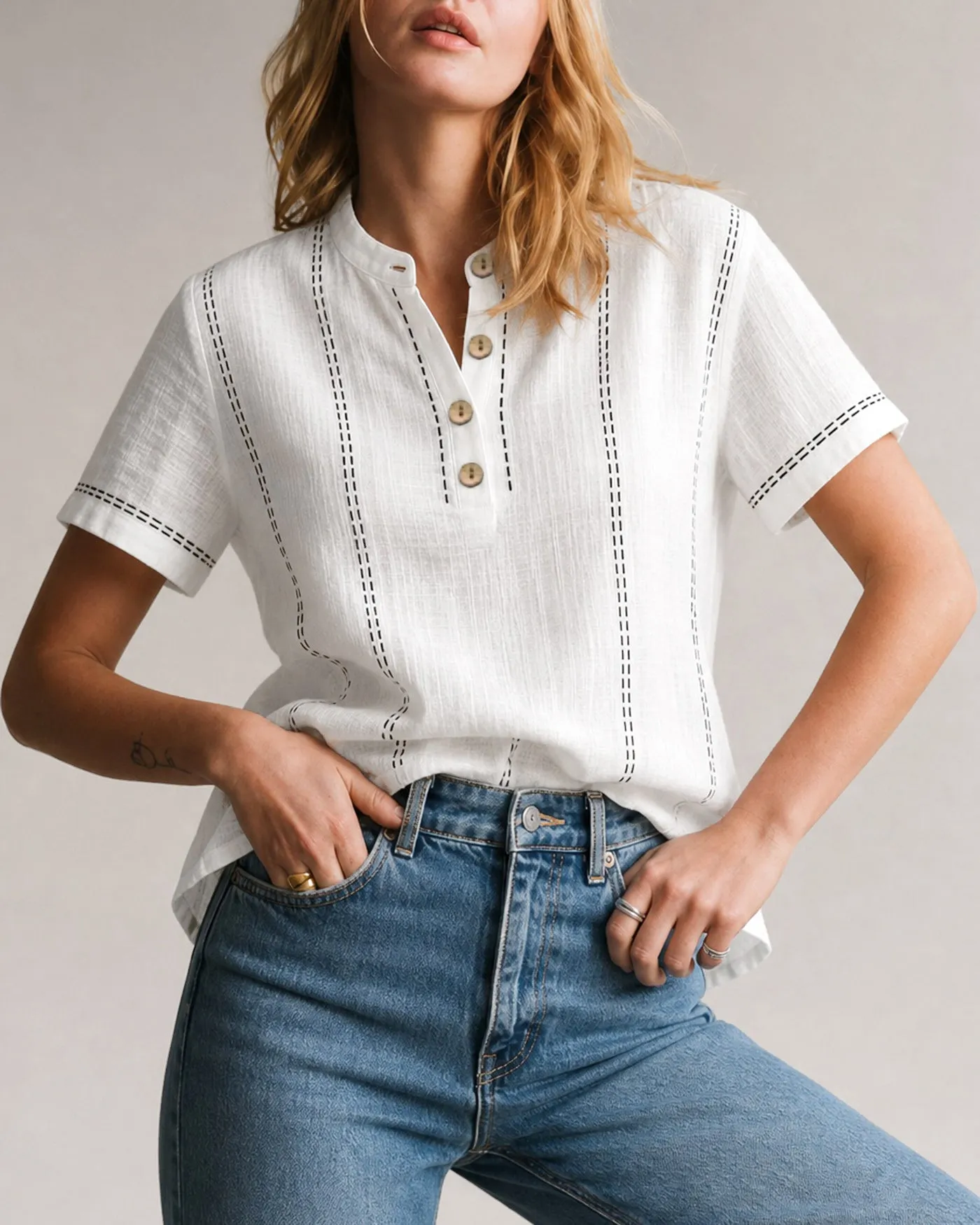 White Round Neck Geometric Button Tee sold by rihoas