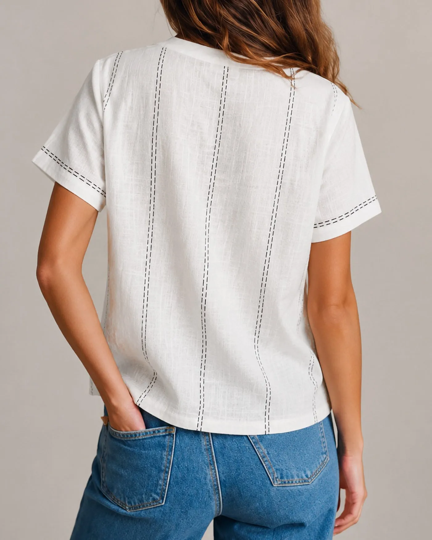 White Round Neck Geometric Button Tee sold by rihoas product image thumbnail 4