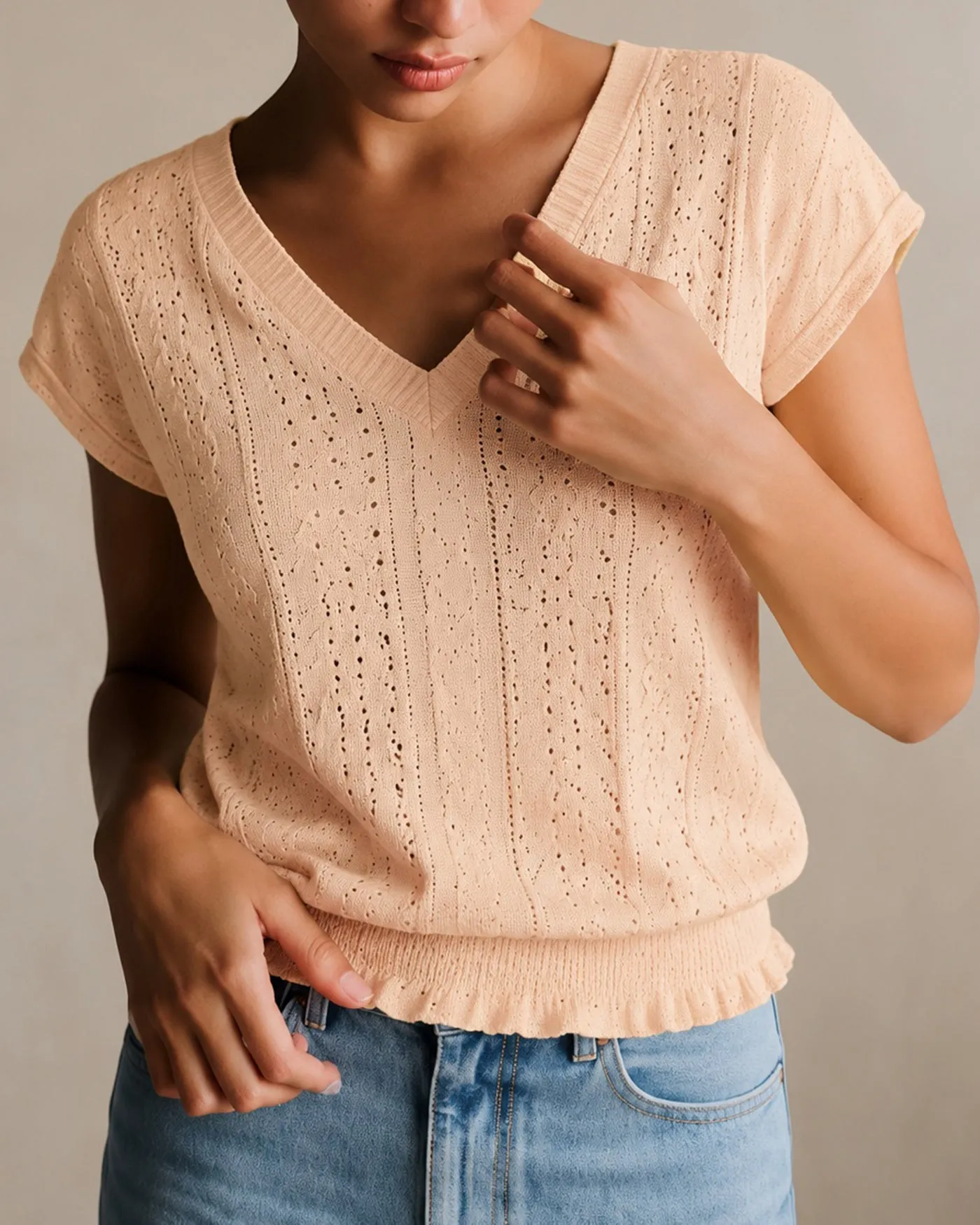 Yellow V Neck Ruched Textured Tee sold by rihoas product image thumbnail 2