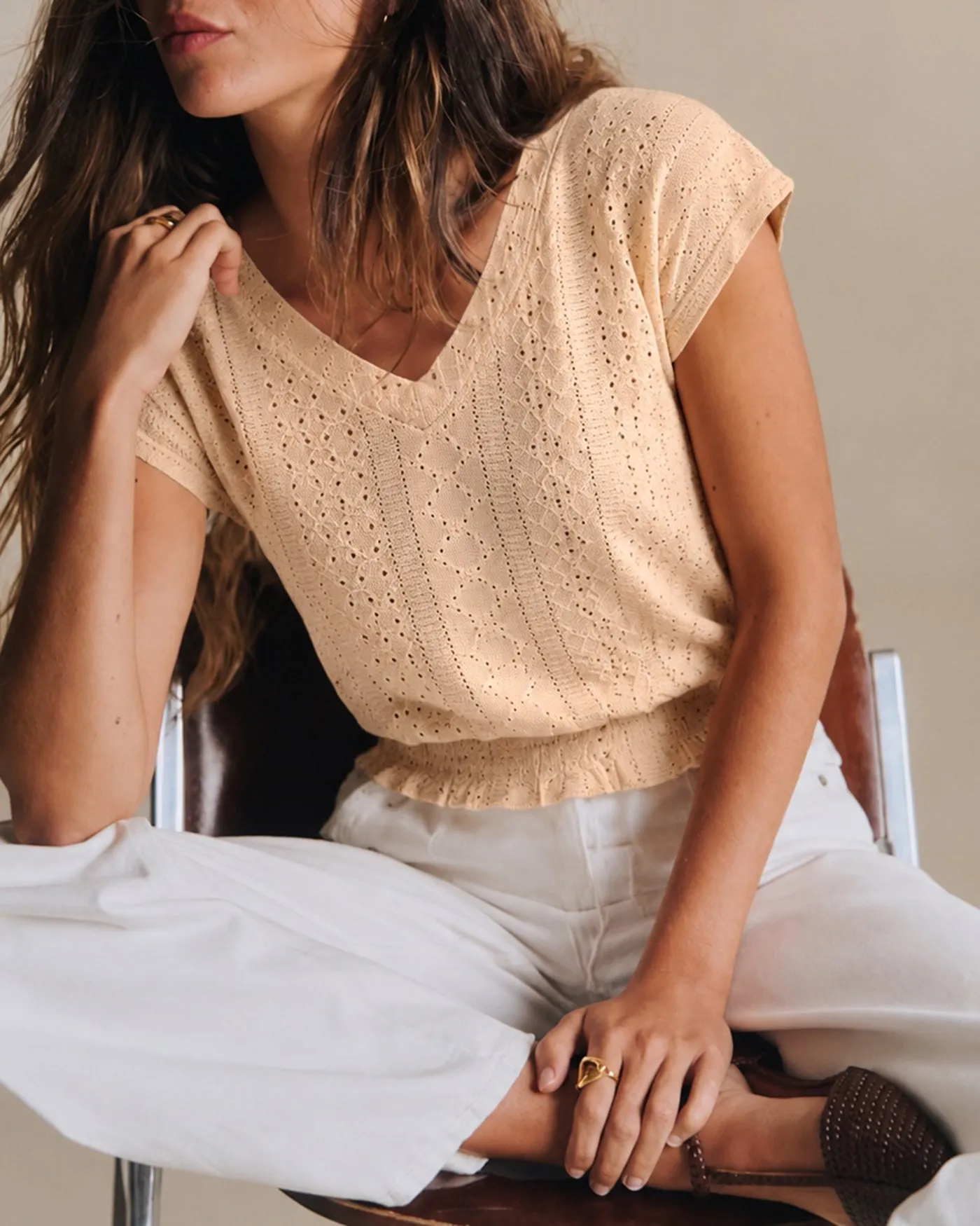 Yellow V Neck Ruched Textured Tee sold by rihoas product image thumbnail 3