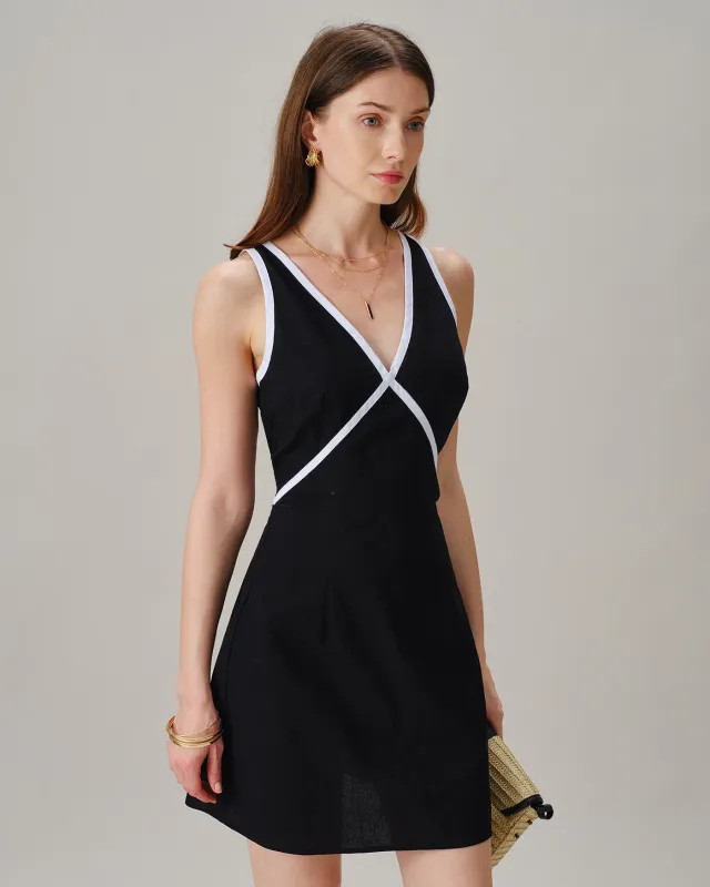 Black V Neck Sleeveless Contrasting Mini Dress made by rihoas