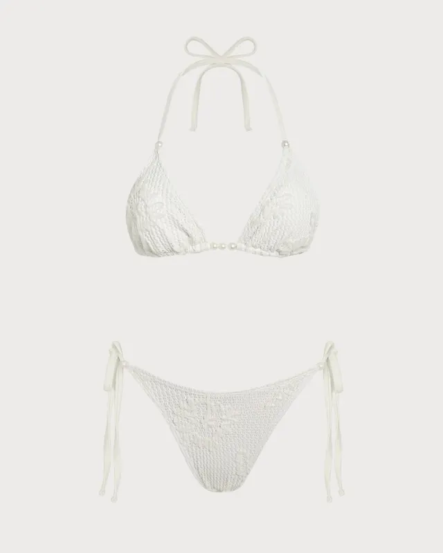Off White Halter Drawstring Jacquard Bikini Set made by rihoas