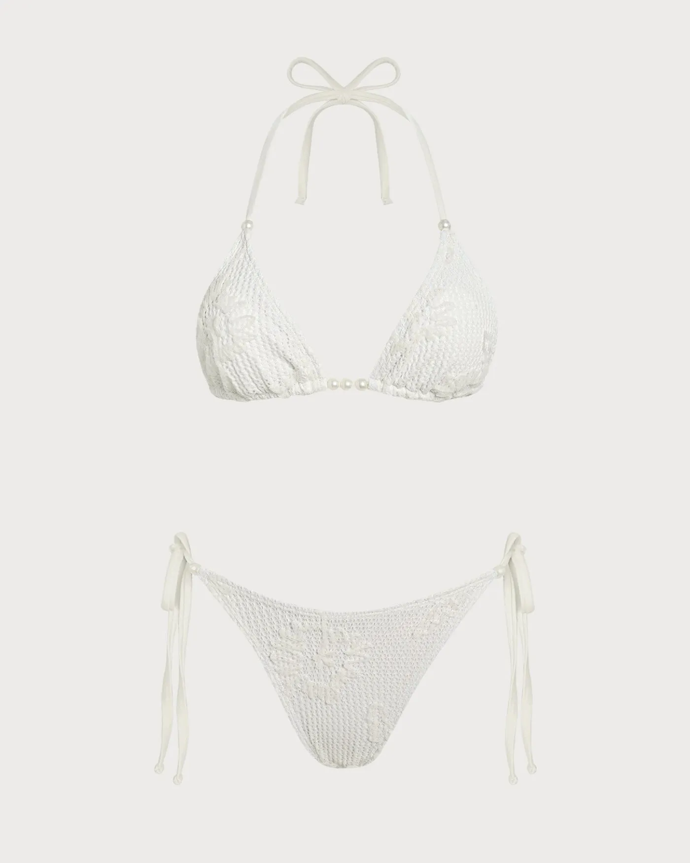 Off White Halter Drawstring Jacquard Bikini Set sold by rihoas