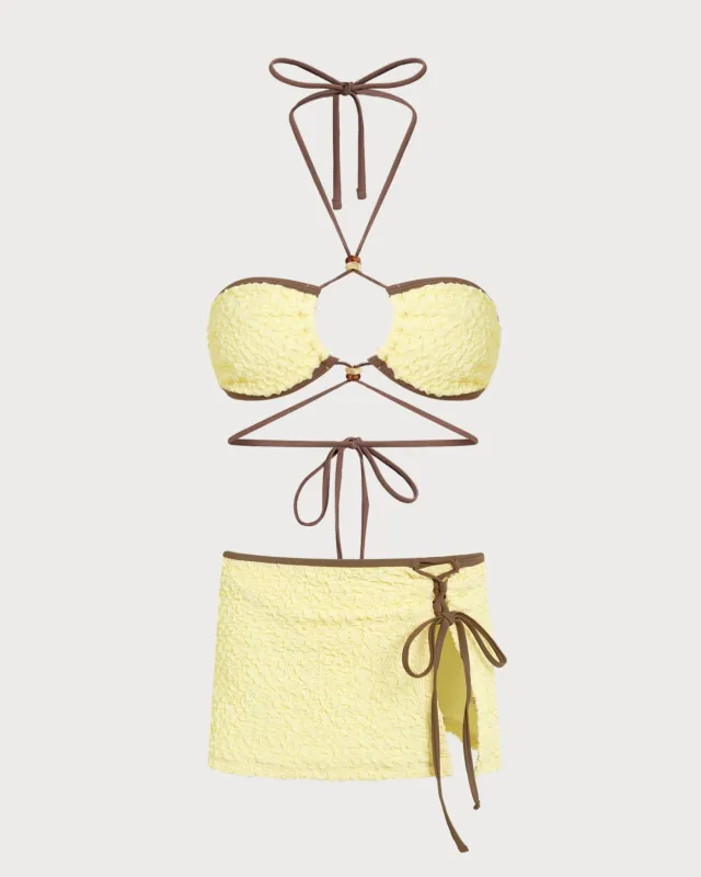Yellow Halter Drawstring Bandeau Bikini Set made by rihoas