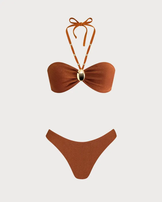 Brown Halter Textured Bandeau Bikini Set made by rihoas