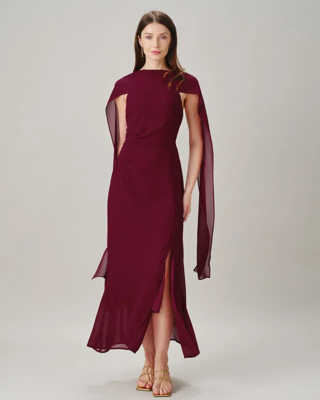 Wine Red Cowl Neck Tie Chiffon Maxi Dress made by rihoas