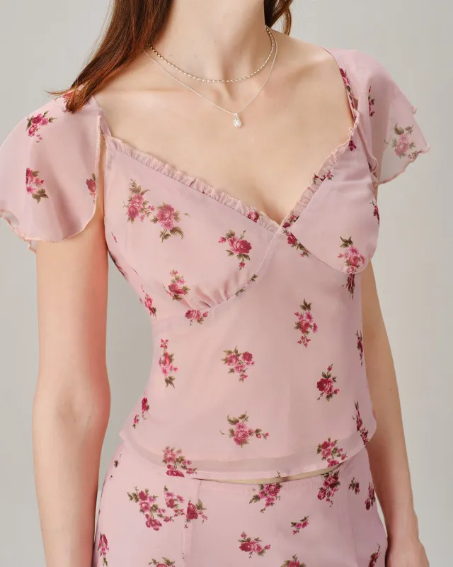 Pink V Neck Ruffle Floral Tee made by rihoas