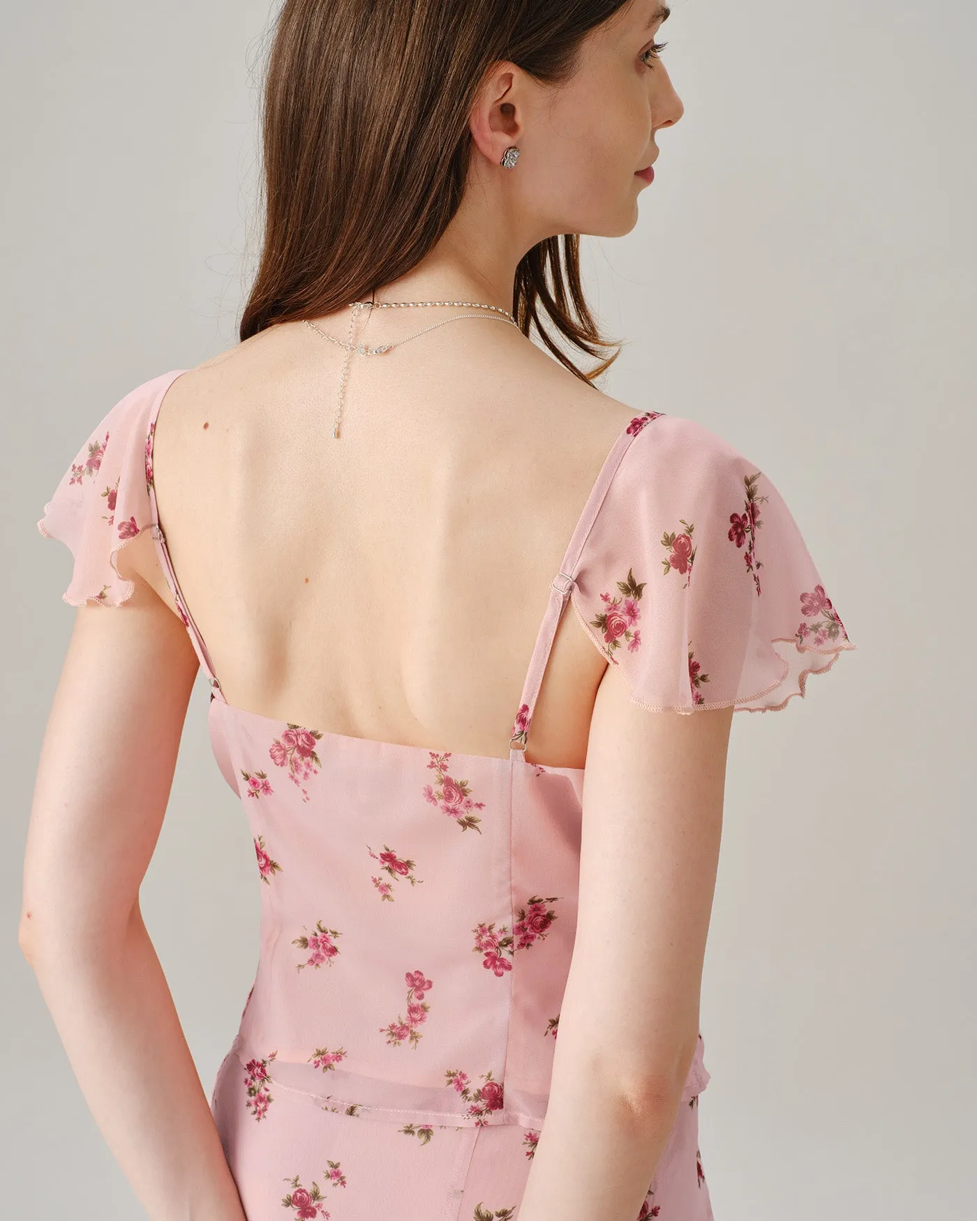 Pink V Neck Ruffle Floral Tee sold by rihoas product image thumbnail 2