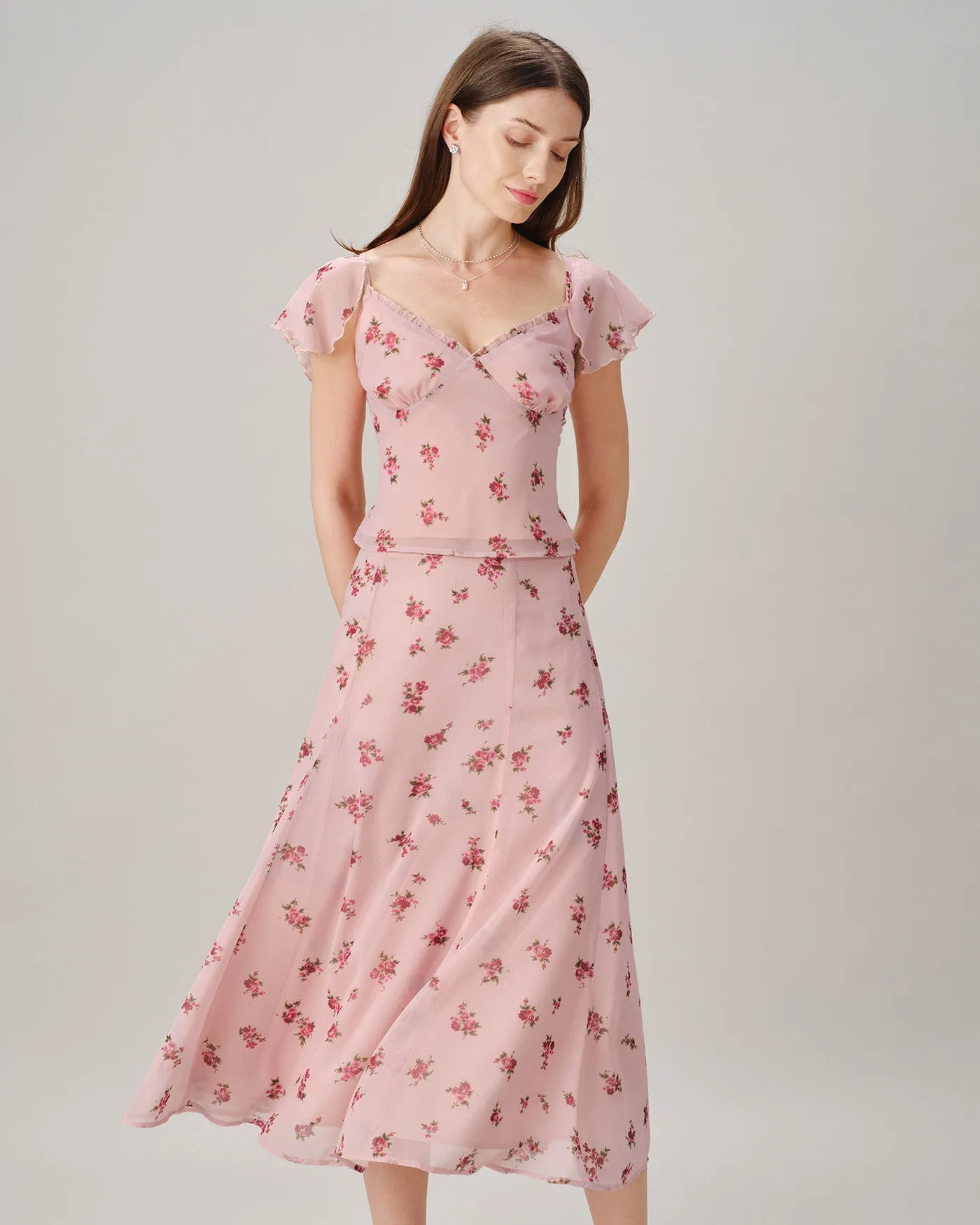 Pink V Neck Ruffle Floral Tee sold by rihoas product image thumbnail 3