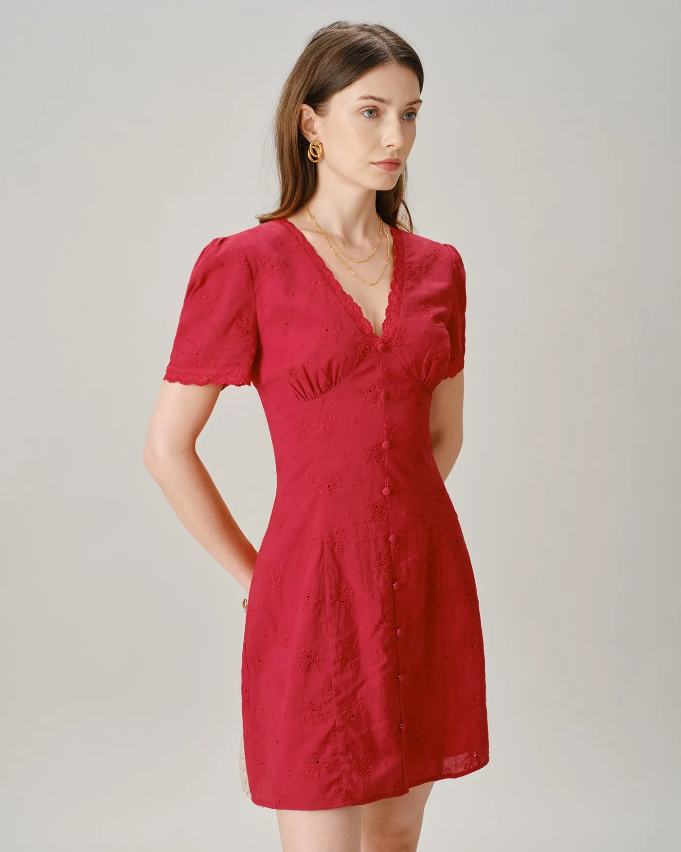 Red V Neck Lace Button Mini Dress sold by rihoas product image thumbnail 3