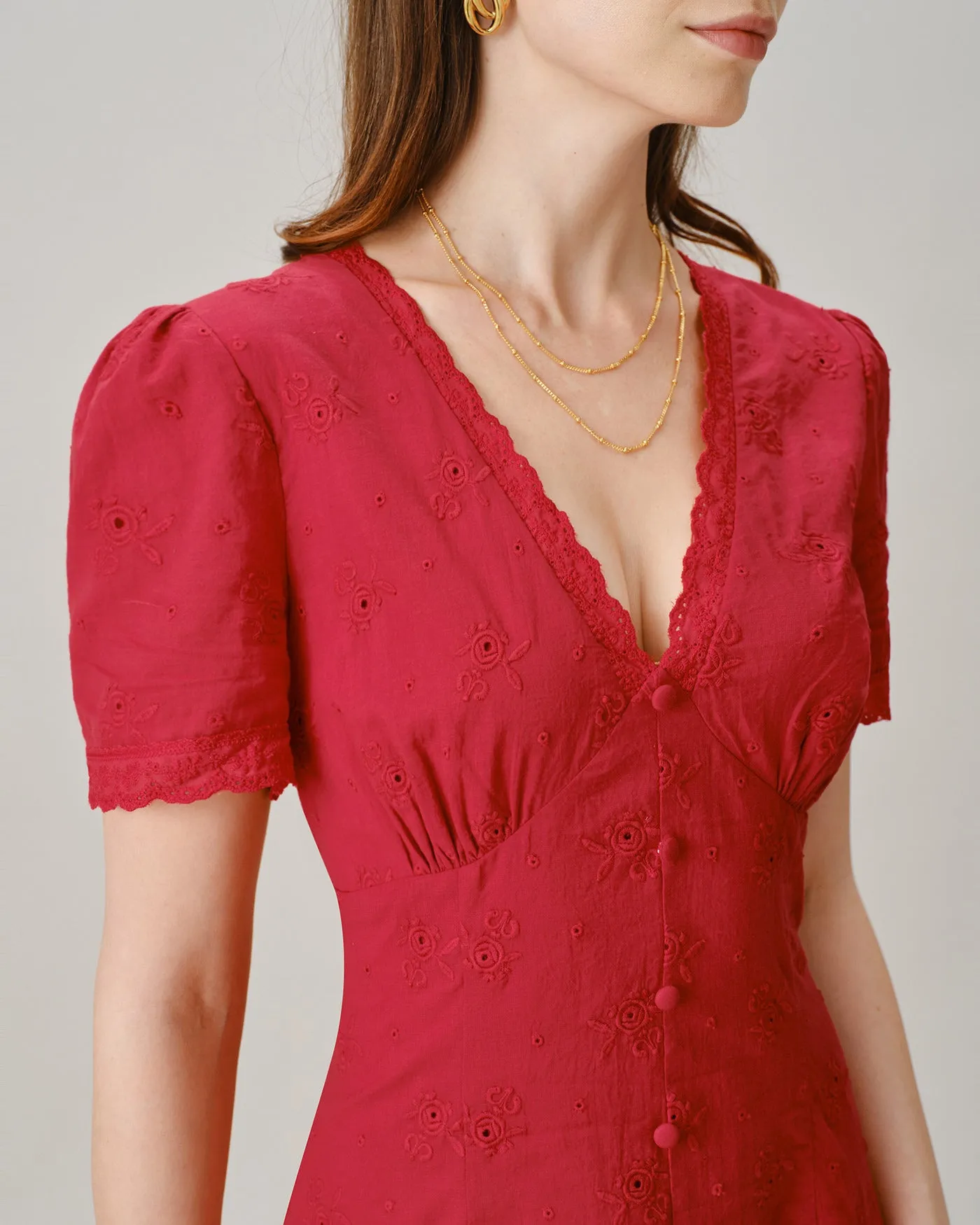 Red V Neck Lace Button Mini Dress sold by rihoas product image thumbnail 2
