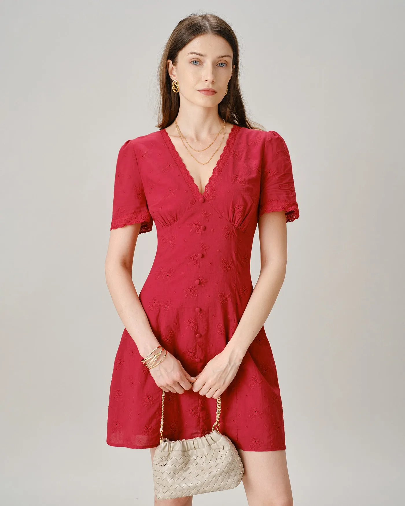 Red V Neck Lace Button Mini Dress sold by rihoas