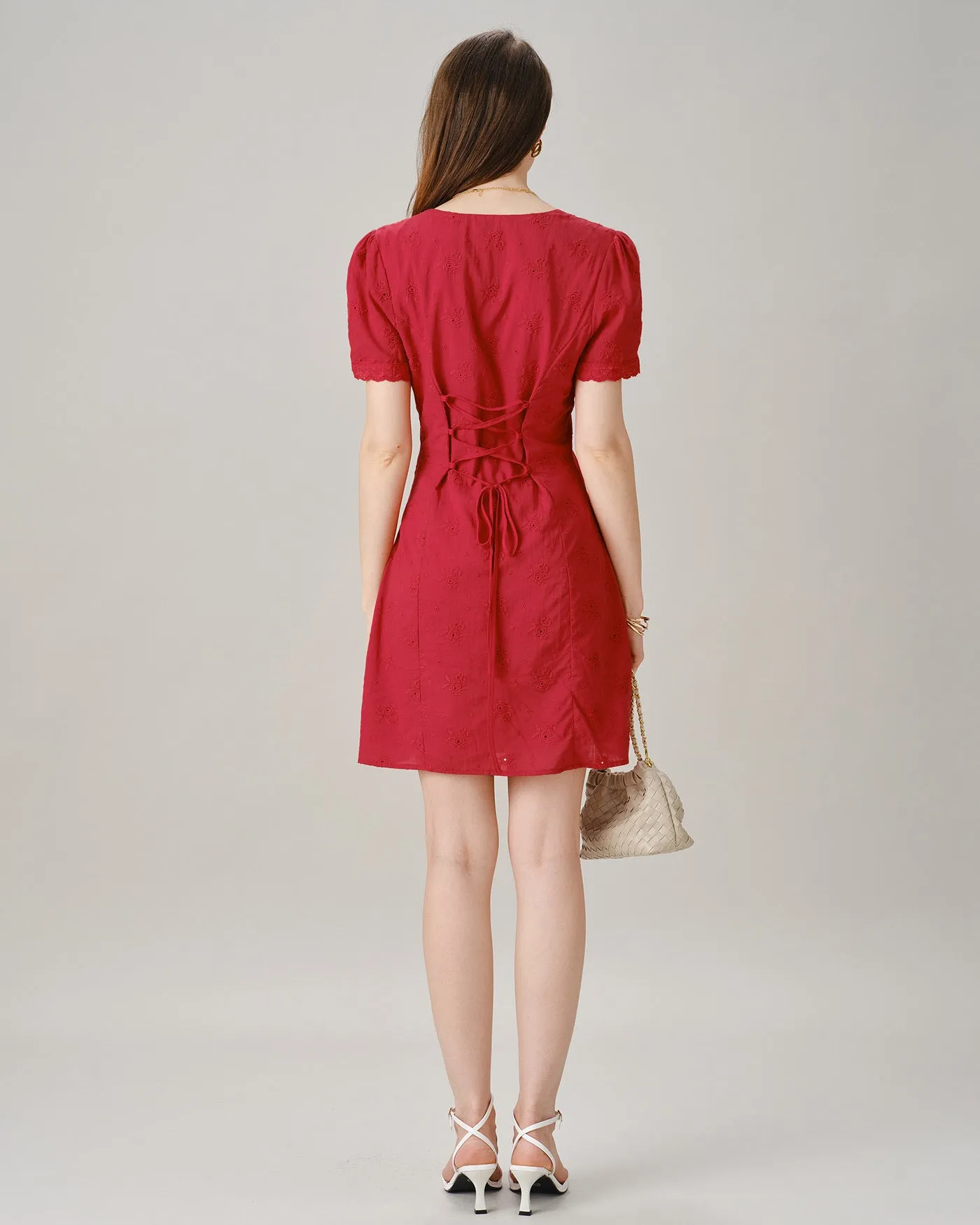 Red V Neck Lace Button Mini Dress sold by rihoas product image thumbnail 5