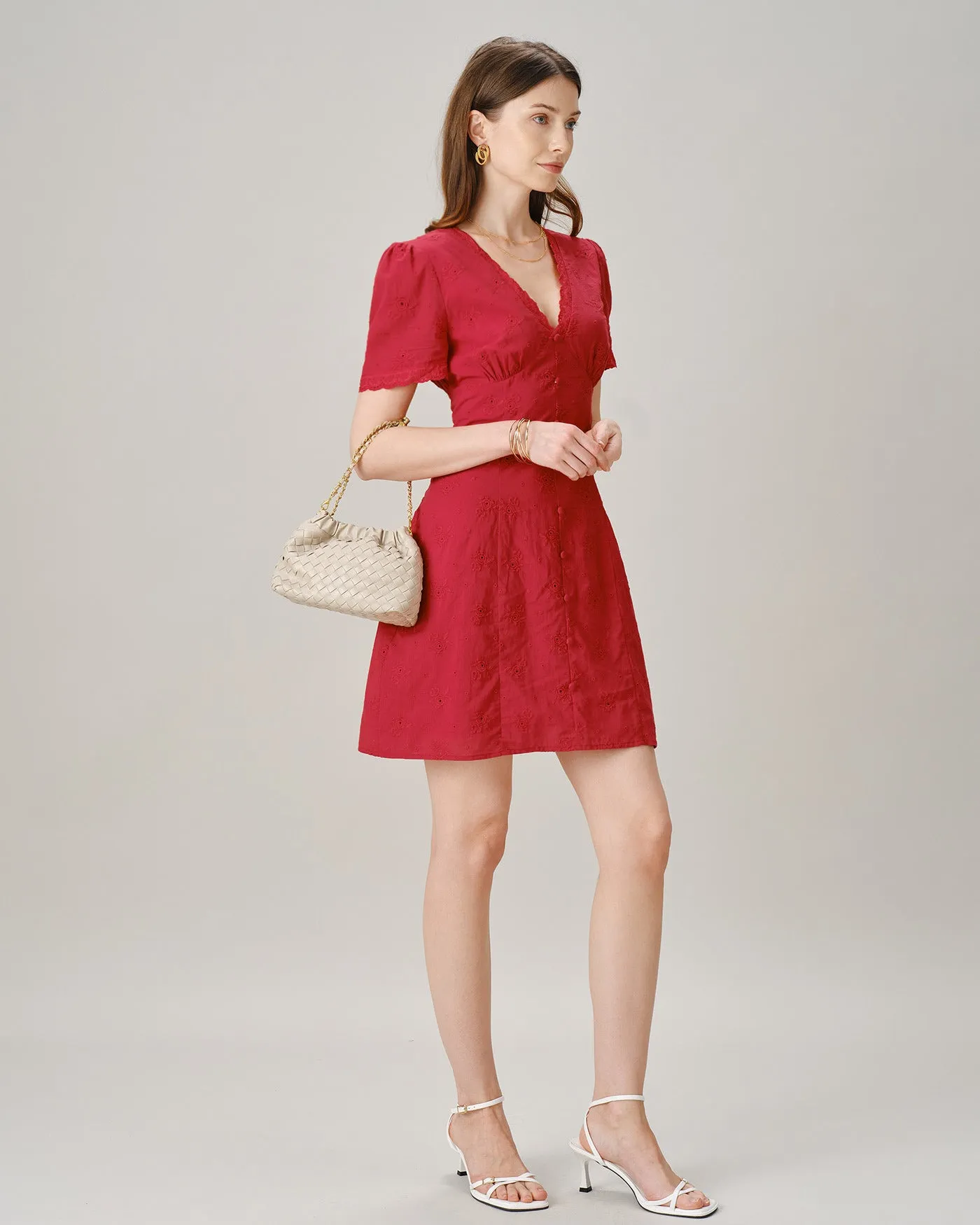 Red V Neck Lace Button Mini Dress sold by rihoas product image thumbnail 4