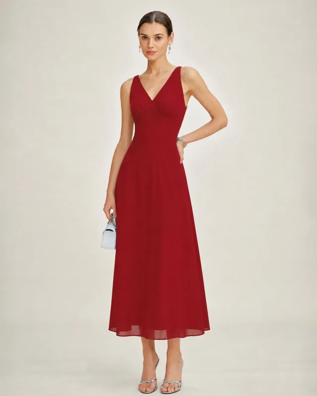 Red V Neck Sleeveless Chiffon Maxi Dress made by rihoas