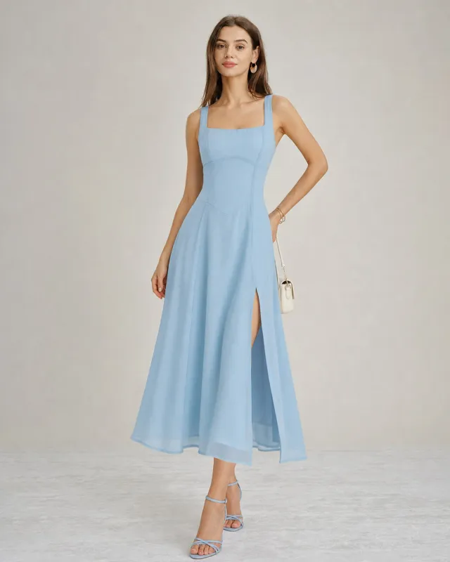 Blue Square Neck Slit Chiffon Midi Dress made by rihoas