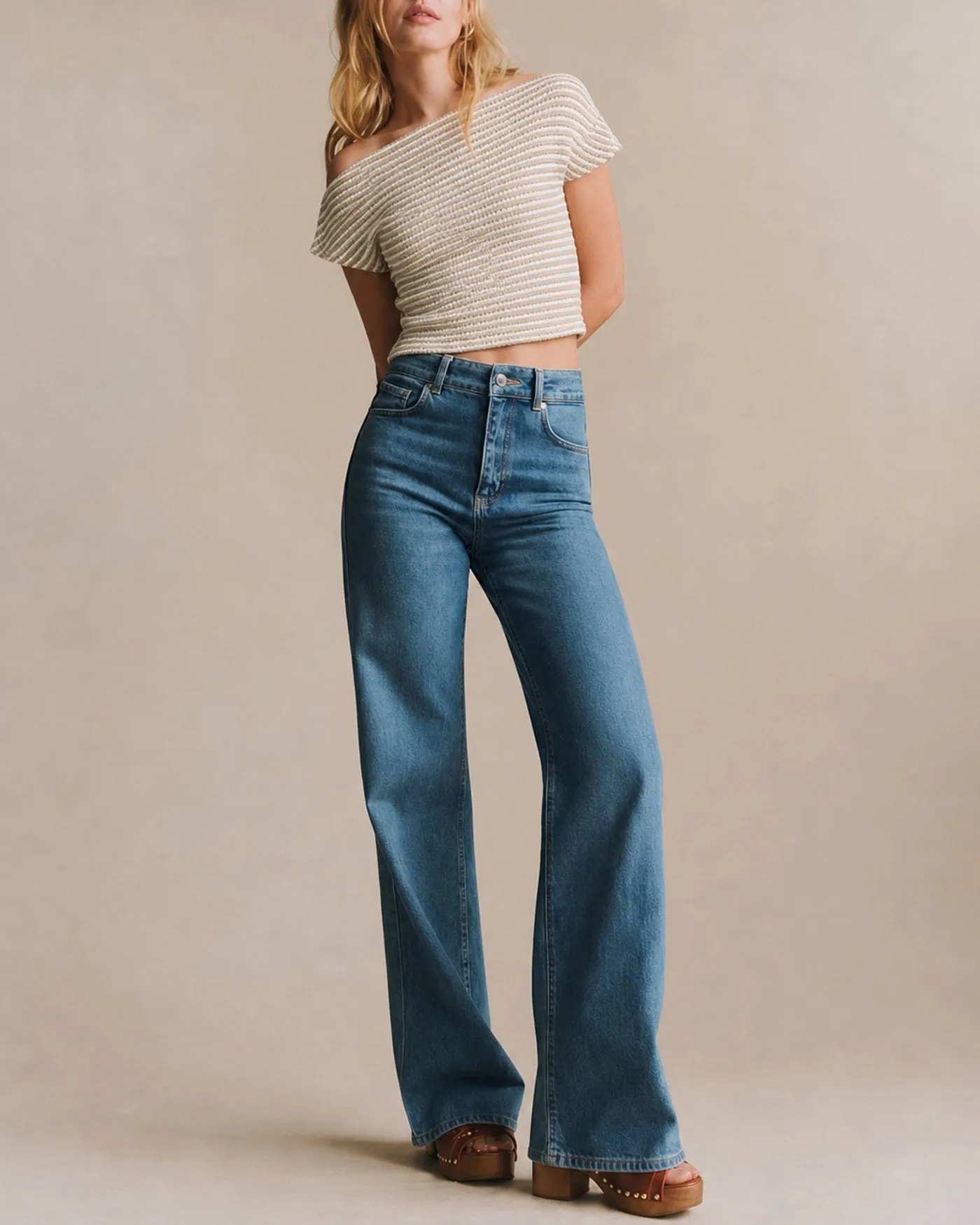 Khaki One Shoulder Textured Striped Tee sold by rihoas product image thumbnail 2