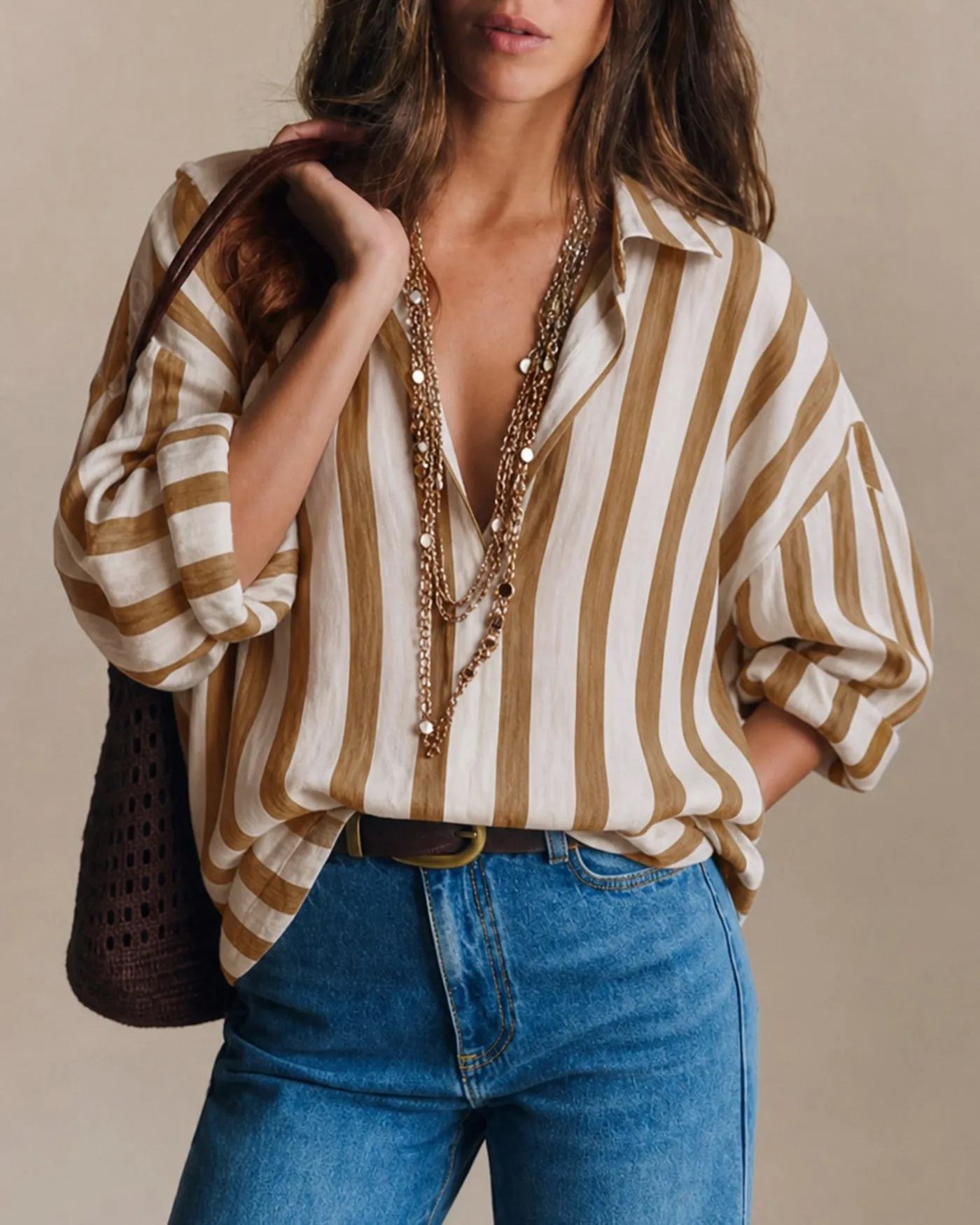 Brown Collar Striped Button Shirt sold by rihoas