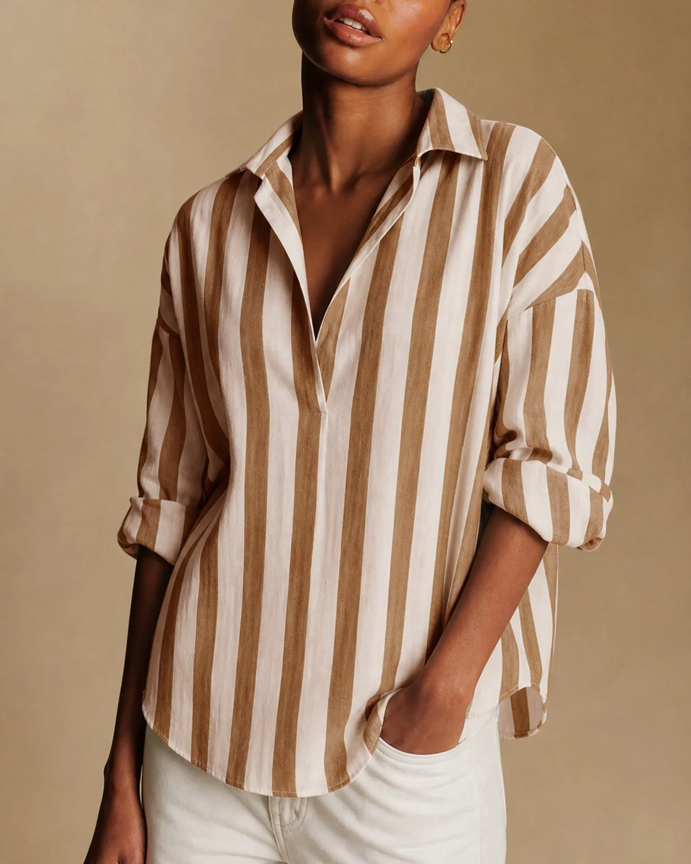 Brown Collar Striped Button Shirt sold by rihoas product image thumbnail 4
