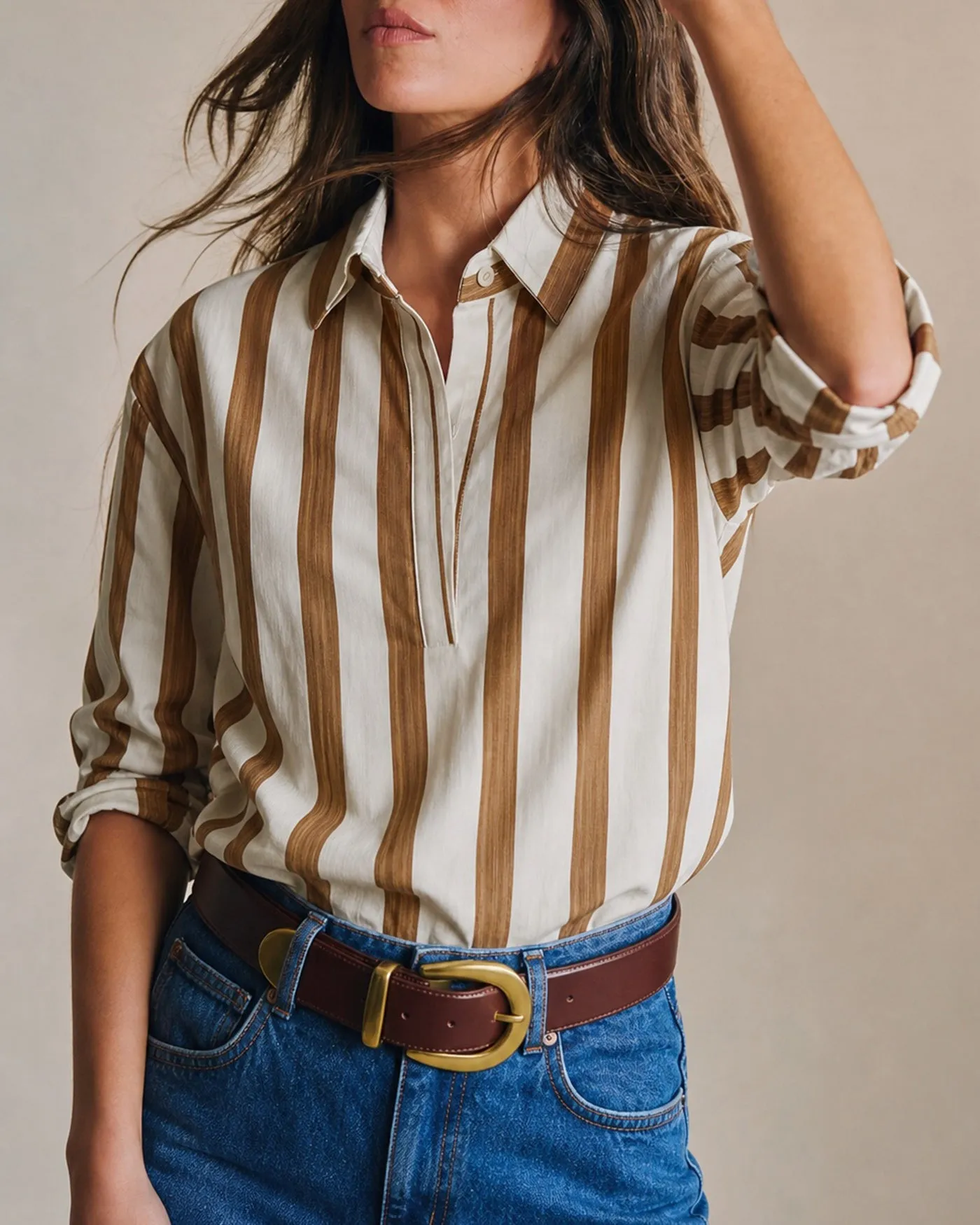 Brown Collar Striped Button Shirt sold by rihoas product image thumbnail 2