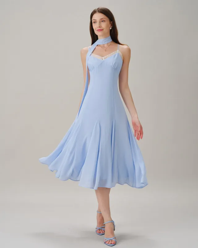 Blue Lace Splicing Slip Midi Dress made by rihoas