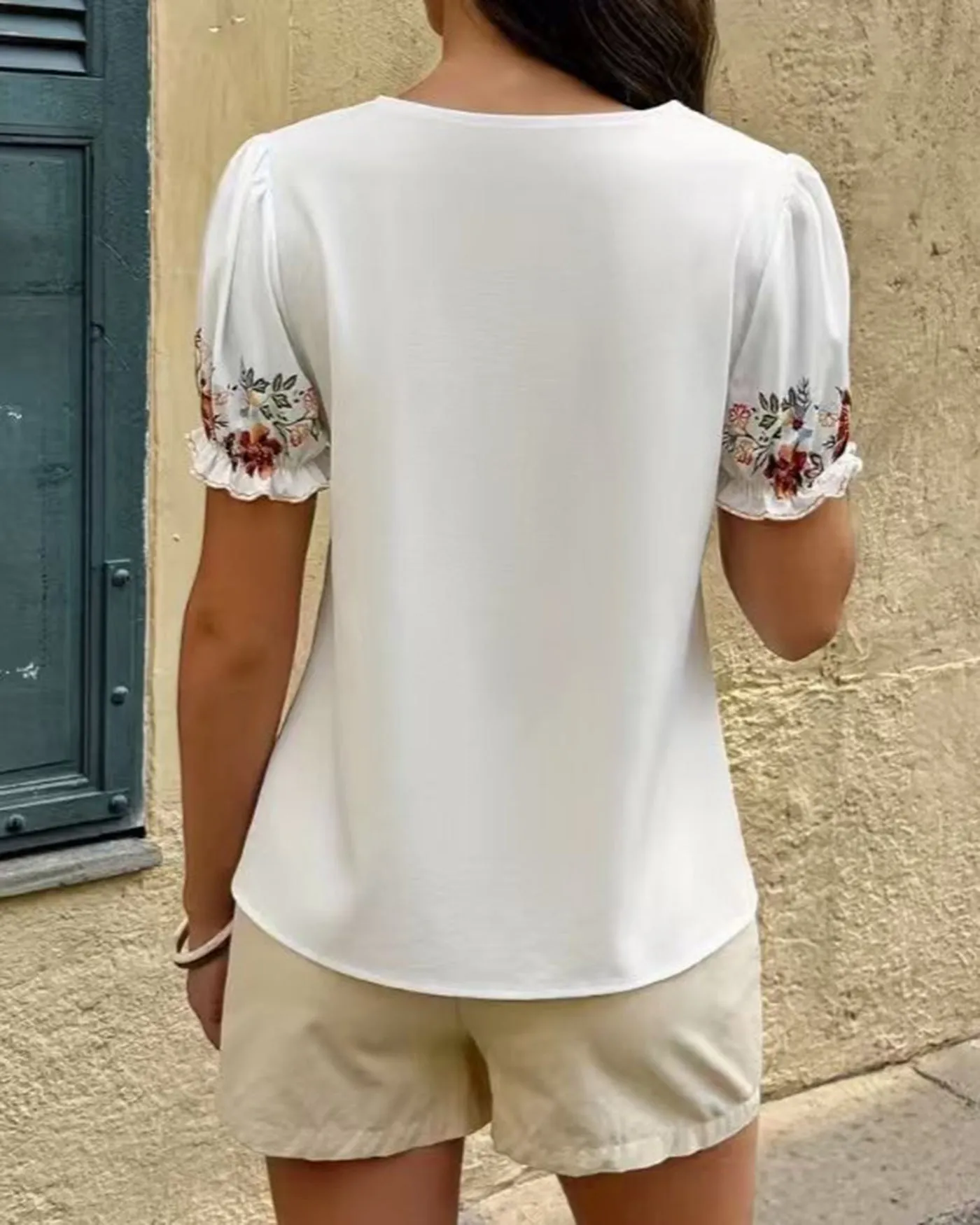 White Puffed Sleeve Button Floral Tee sold by rihoas product image thumbnail 4