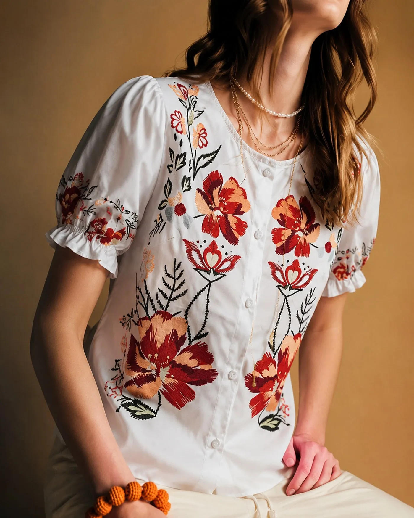 White Puffed Sleeve Button Floral Tee sold by rihoas product image thumbnail 2