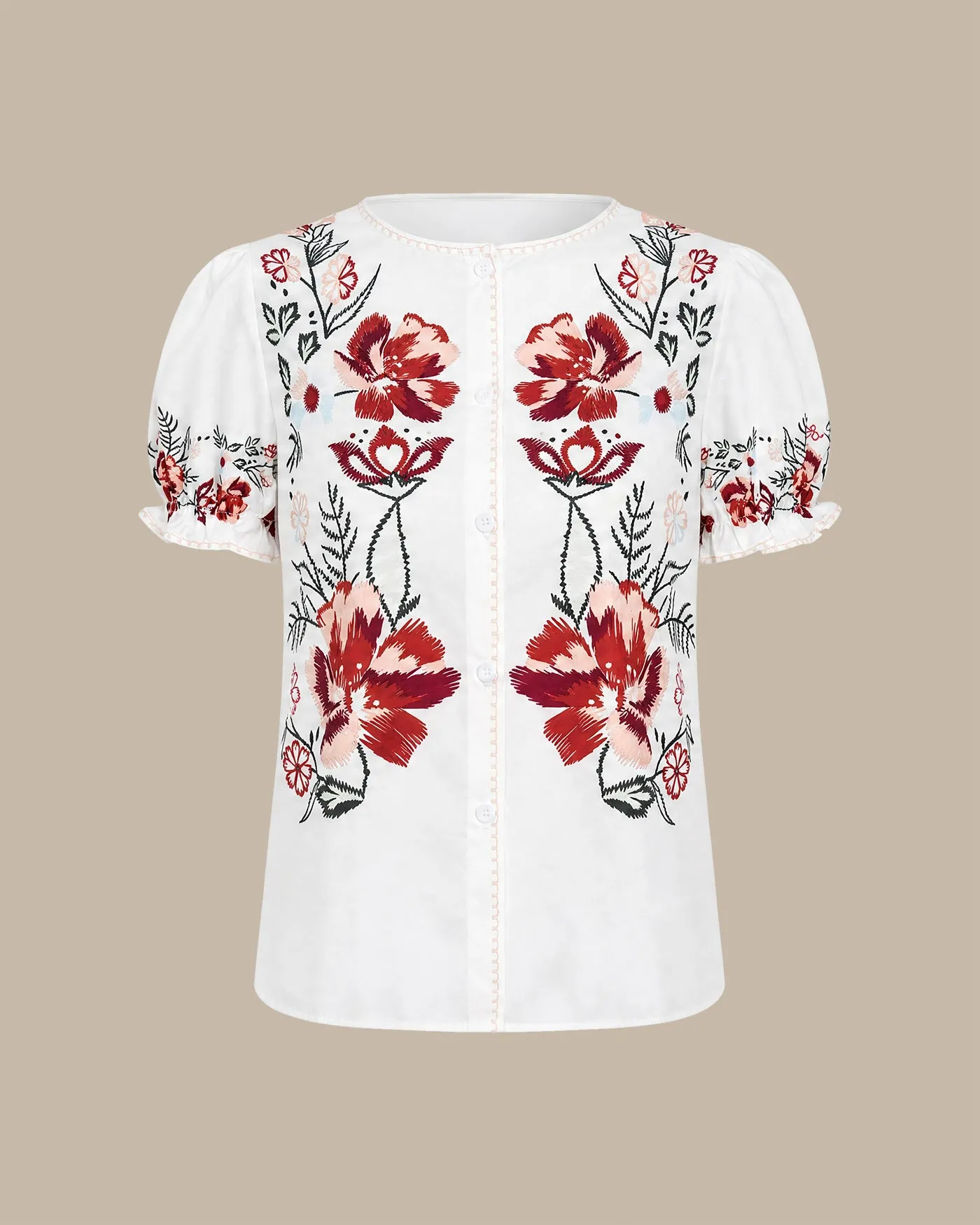 White Puffed Sleeve Button Floral Tee sold by rihoas product image thumbnail 5