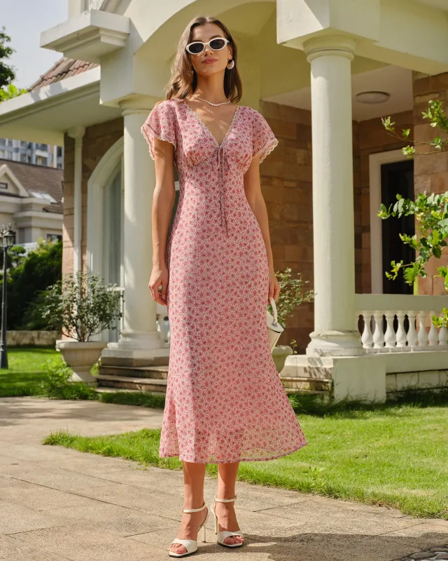 Pink V Neck Lace Floral Mermaid Midi Dress made by rihoas