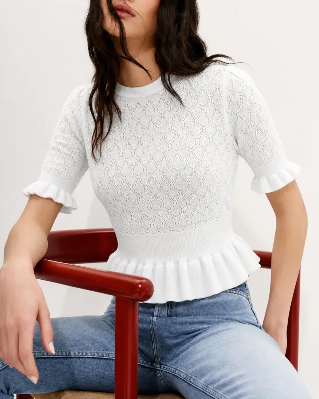 White Round Neck Textured Sweater made by rihoas