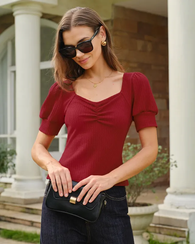 Red V Neck Lantern Sleeve Tee made by rihoas